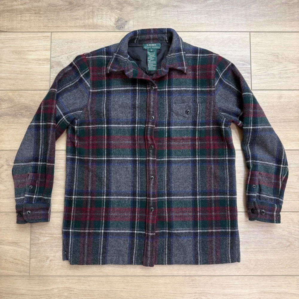 Vintage LRL Ralph Lauren Wool Plaid Shacket Shirt Jacket Grey Gorp Old Money M